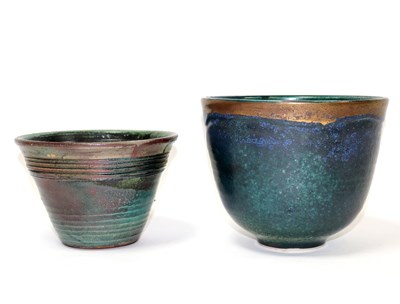 Lot 251 - A blue-green glaze bowl with bronzed banding...