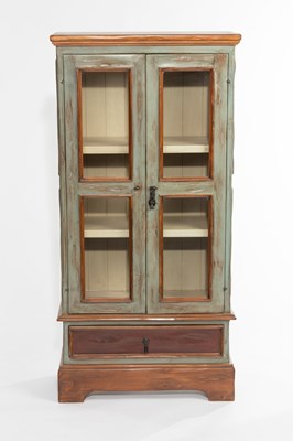 Lot 587 - A green and brown painted display cupboard...