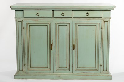 Lot 593 - A green painted cupboard with drawers over,...