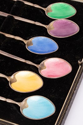 Lot 169 - A cased set of six silver and enamel teaspoons