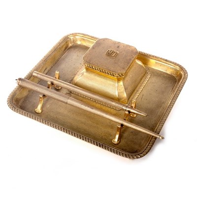 Lot 82 - An Art Deco silver gilt inkstand and pen tray,...