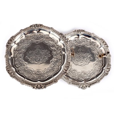 Lot 142 - A pair of George III silver card waiters,...