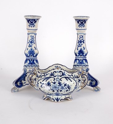 Lot 257 - A pair of Rouen faience candlesticks and a...