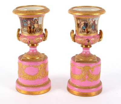 Lot 275 - A pair of Vienna style pink ground vases, late...