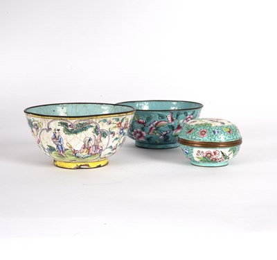 Lot 331 - A Cantonese enamel bowl, depicting figures in...