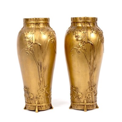 Lot 366 - A pair of Art Nouveau bronze vases by Marioton,...