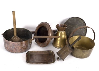 Lot 400 - A copper funnel, various copper saucepans etc.