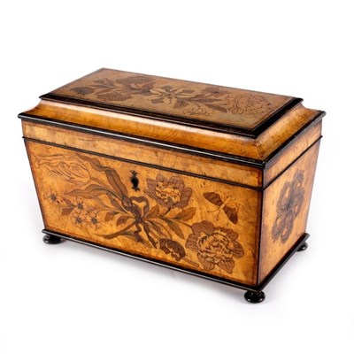 Lot 424 - A late Georgian marquetry inlaid tea caddy,...