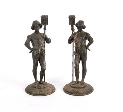 Lot 428 - A pair of spelter figural candlesticks...