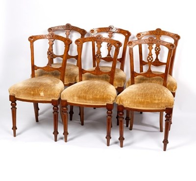 Lot 586 - Six Victorian satin walnut dining chairs with...