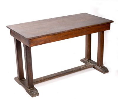 Lot 624 - An oak table on square chamfered end supports,...