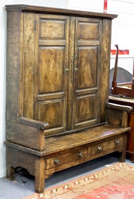 Lot 723 - An elm bacon settle, the upper section...