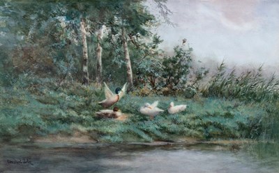 Lot 969 - Constant Artz (Dutch 1837-1890)/The River Bank,...