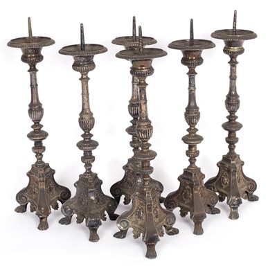 Lot 96 - A set of six plated altar candlesticks, with...