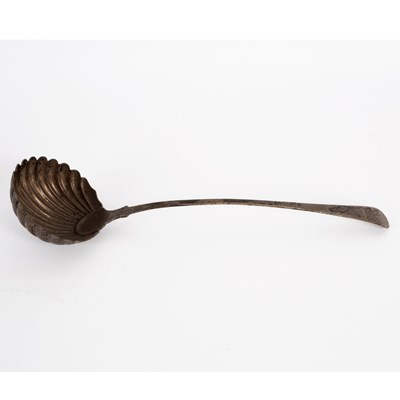 Lot 232 - A George III feather-edge silver soup ladle, W...