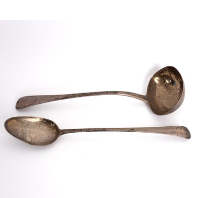 Lot 233 - An old English pattern silver soup ladle,...