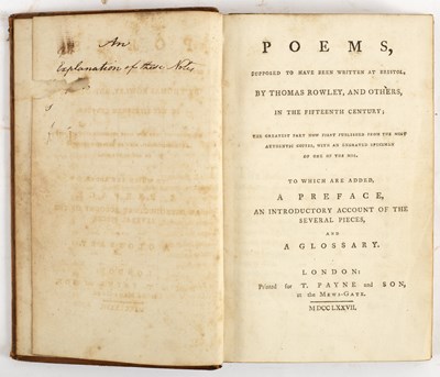 Lot 298 - [Chatterton Thomas] Poems …, T. Payne, 1777....