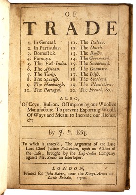 Lot 302 - [Pollexfen John] Of Trade by J.P., 1700. 12mo.,...