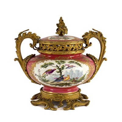 Lot 445 - An ormolu-mounted Coalport pink ground pot...