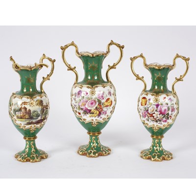 Lot 458 - A garniture of three English porcelain green...