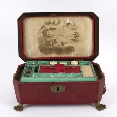 Lot 574 - A Regency leather covered sewing box with...