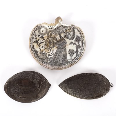 Lot 615 - Two profusely carved coconut shell halves, and...