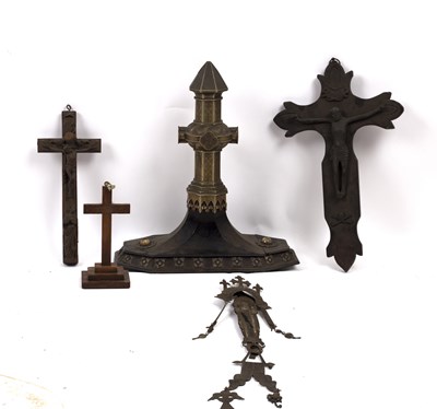 Lot 616 - A Spanish carved wood crucifixion, with figure...