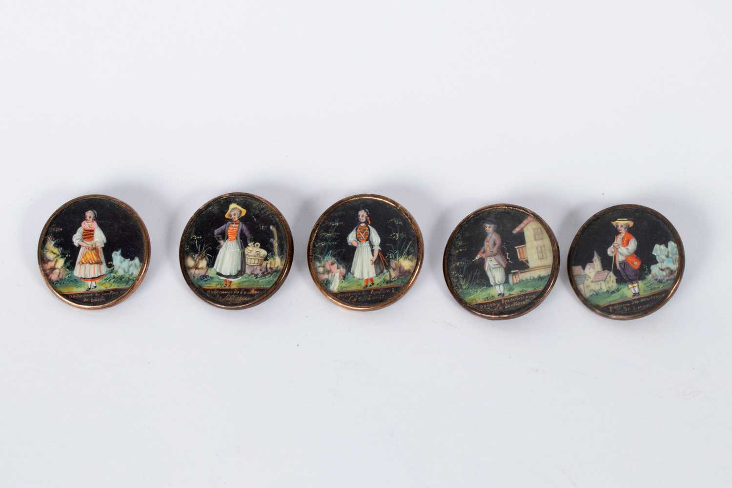 Statue Figure Button Lot 27 - Five hand painted buttons depicting figures