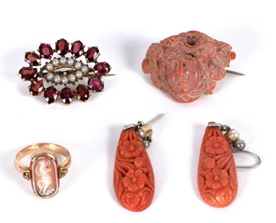 Lot 48 - A pair of carved coral and pearl ear pendants,...