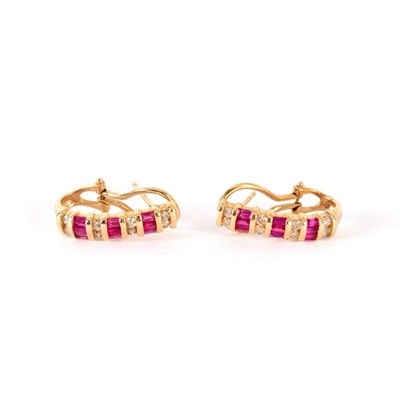 Lot 52 - A pair of ruby and diamond half hoop earrings,...