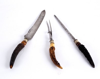 Lot 85 - A three-piece carving set with antler handles,...