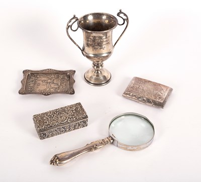 Lot 112 - A silver twin-handled trophy cup, 14cm high,...