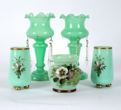 Lot 164 - A pair of Victorian opaque green glass vases...