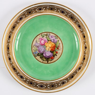 Lot 246 - A Derby green ground cabinet plate painted a...