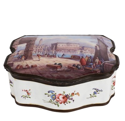 Lot 360 - An enamel shaped oblong table box, the cover...