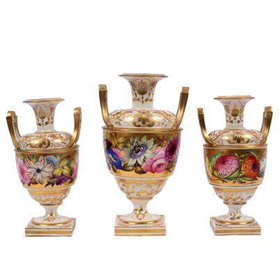 Lot 377 - A garniture of three Derby two-handled vases,...