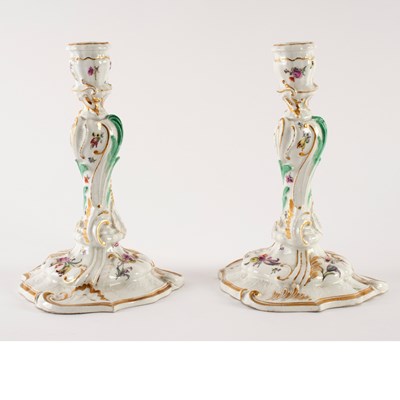 Lot 411 - A pair of Meissen porcelain table candlesticks,...