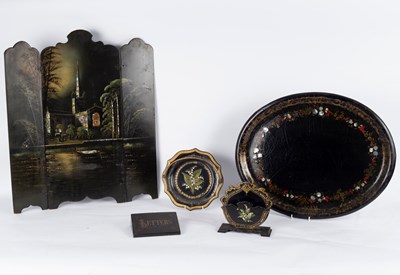 Lot 468 - A Victorian papier-mâché and shell inlaid oval...