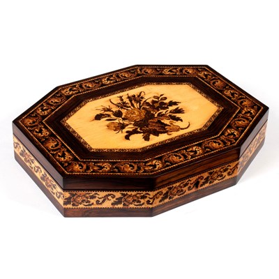 Lot 626 - A Tunbridge ware octagonal box, the cover with...