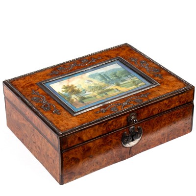 Lot 664 - A Regency burr walnut workbox, the lid set...