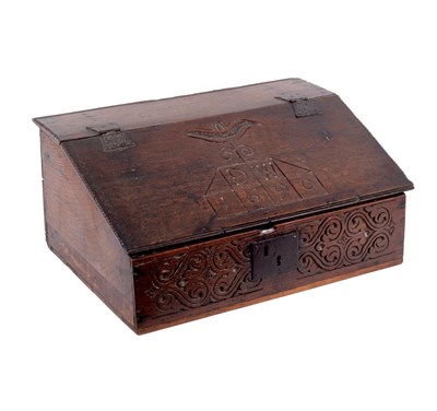 Lot 734 - An 18th Century oak Bible box with carved...