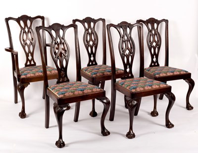 Lot 748 - Five mahogany splat back chairs fitted loose...