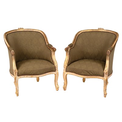 Lot 852 - A pair of Louis XV style tub armchairs with...