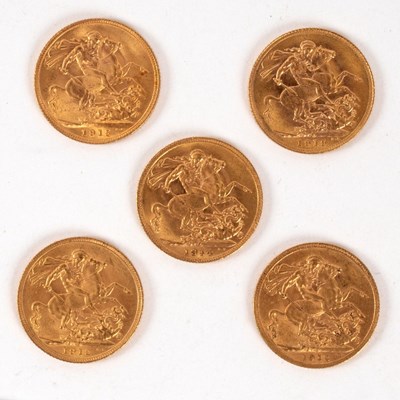 Lot 85 - Five George V gold sovereigns, 1912 (2), 1914...