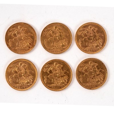 Lot 87 - Six Queen Victoria gold sovereigns, 1895 (M),...
