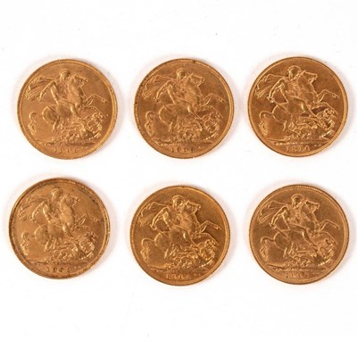 Lot 88 - Six Edward VII gold sovereigns, 1903, 1904,...