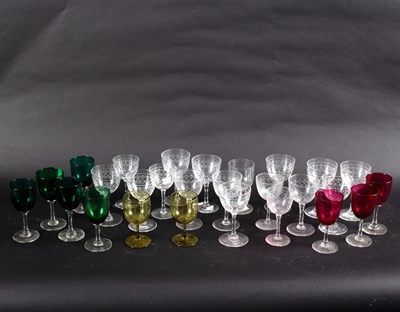 Lot 135 - Five stem wine glasses with green tinted bowls,...