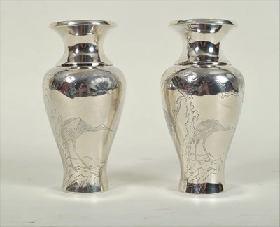 Lot 227 - A pair of Japanese silver baluster vases,...