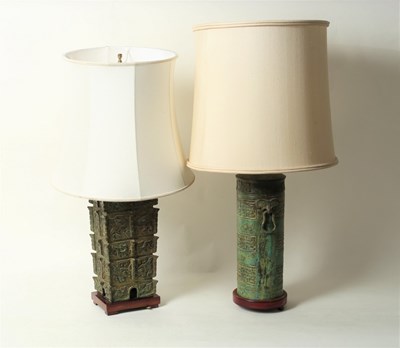 Lot 274 - Two Chinese table lamps of archaistic bronze...