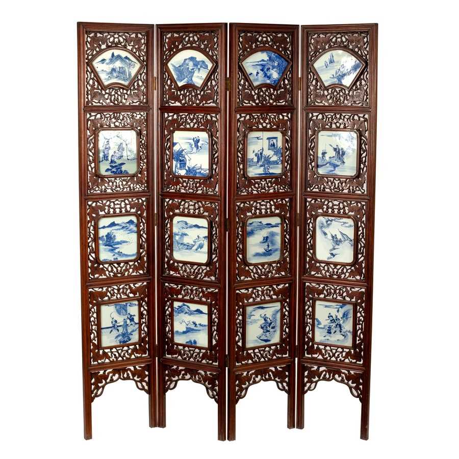 Lot 282 - A Chinese four-panel screen, each panel set...